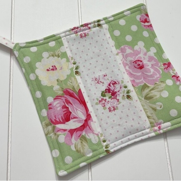 Shabby Cottage Roses Farmhouse Green Decorative Tea Dish Towel and Pot Holder - Picture 7 of 9